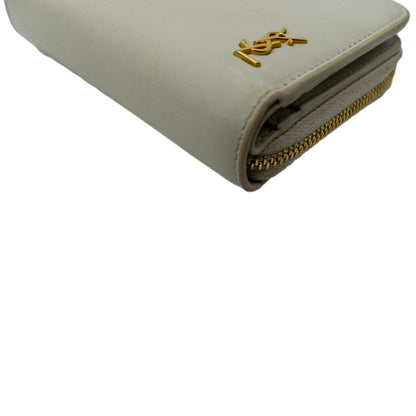 YVES SAINT LAURENT Tiny Monogram Compact Leather Zip Around Wallet White