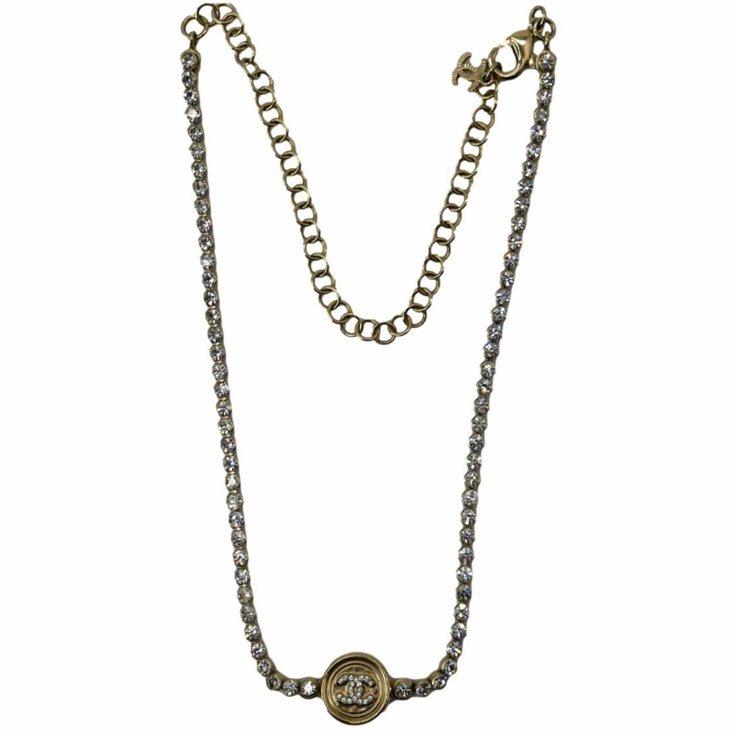 CHANEL CC Round Pendant Chain Choker Necklace Gold