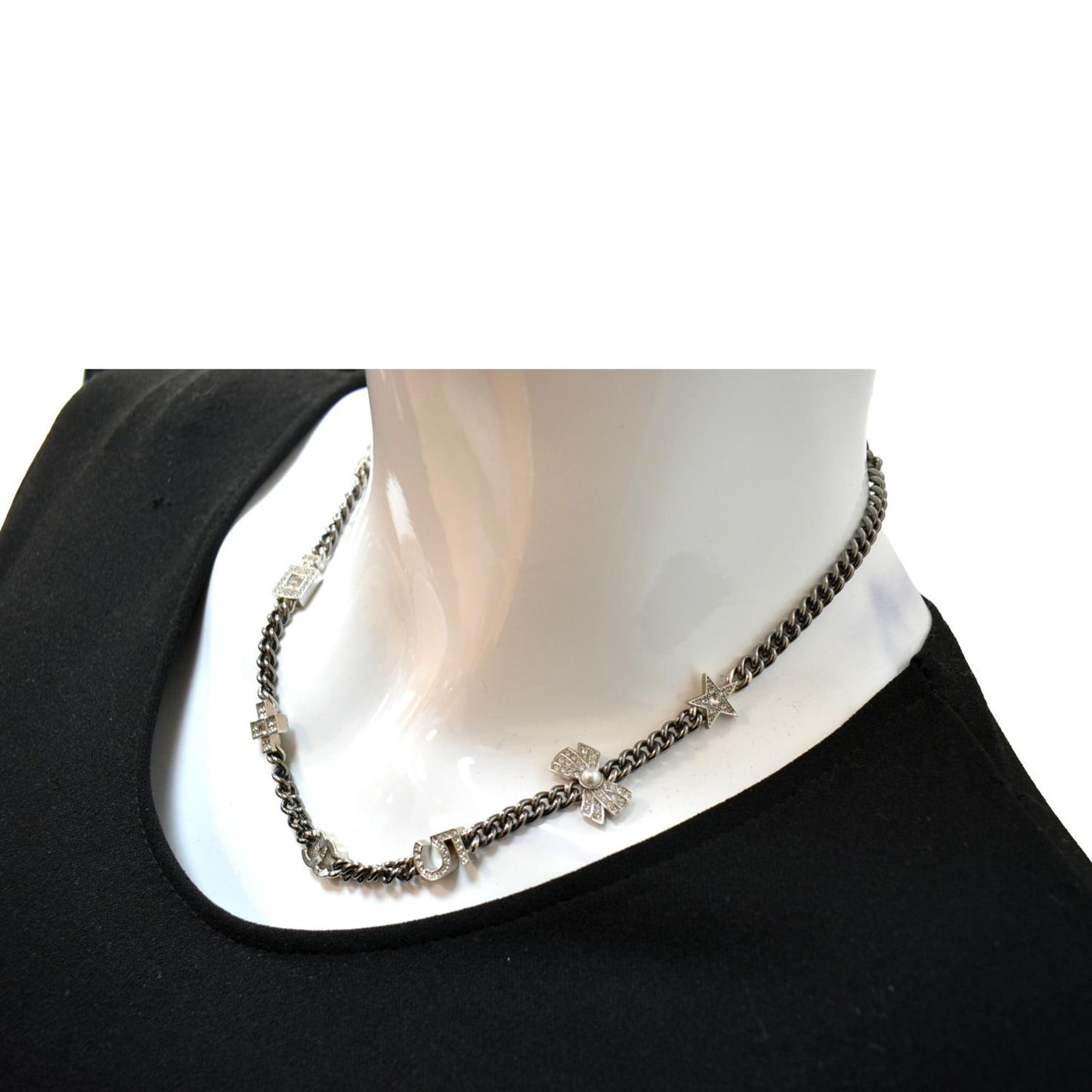 CHANEL CC Star Pearl Round Metal Necklace Silver