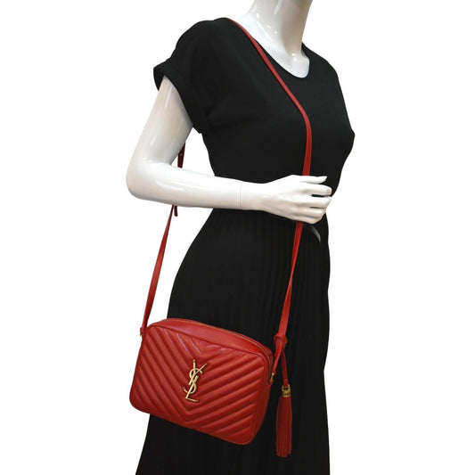 YVES SAINT LAURENT Lou Chevron Leather Camera Crossbody Bag Red