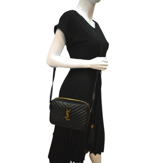 YVES SAINT LAURENT Lou Chevron Leather Camera Crossbody Bag Black