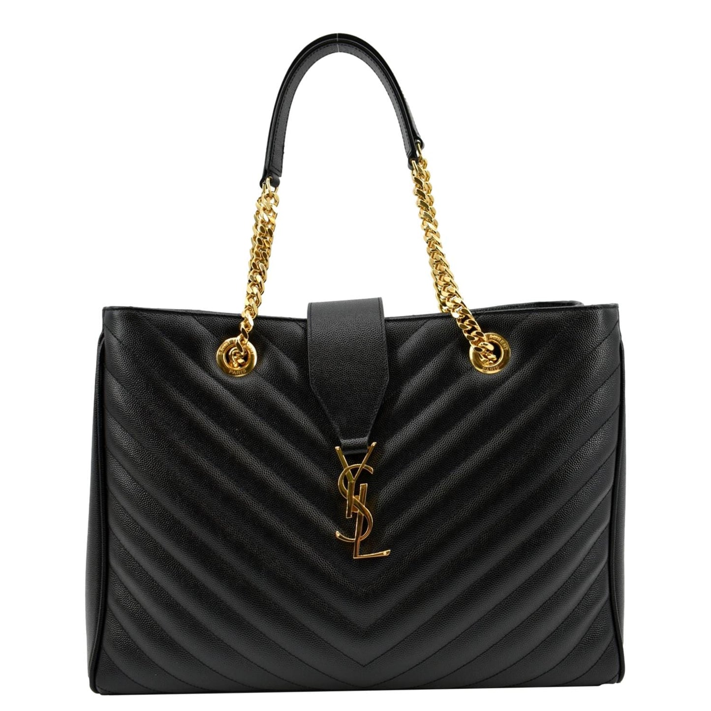 YVES SAINT LAURENT Chevron Leather Shopping Tote Shoulder Bag Black