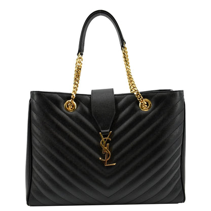 YVES SAINT LAURENT Chevron Leather Shopping Tote Shoulder Bag Black