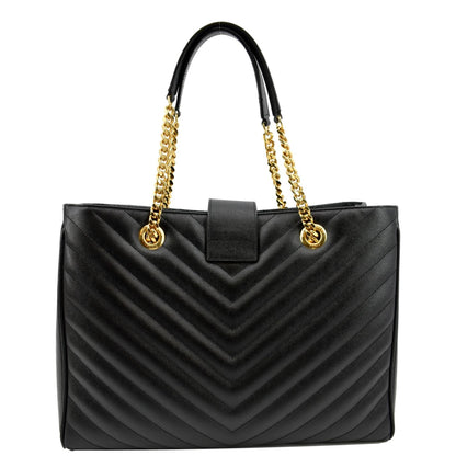 YVES SAINT LAURENT Chevron Leather Shopping Tote Shoulder Bag Black
