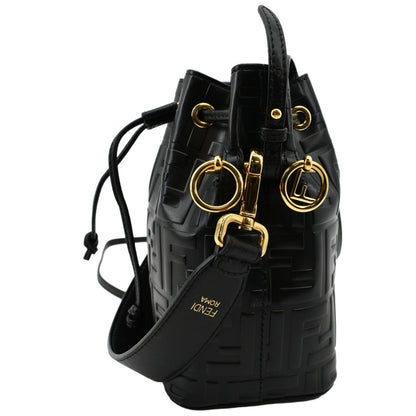 FENDI Mon Tresor Drawstring FF Leather Bucket Bag Black