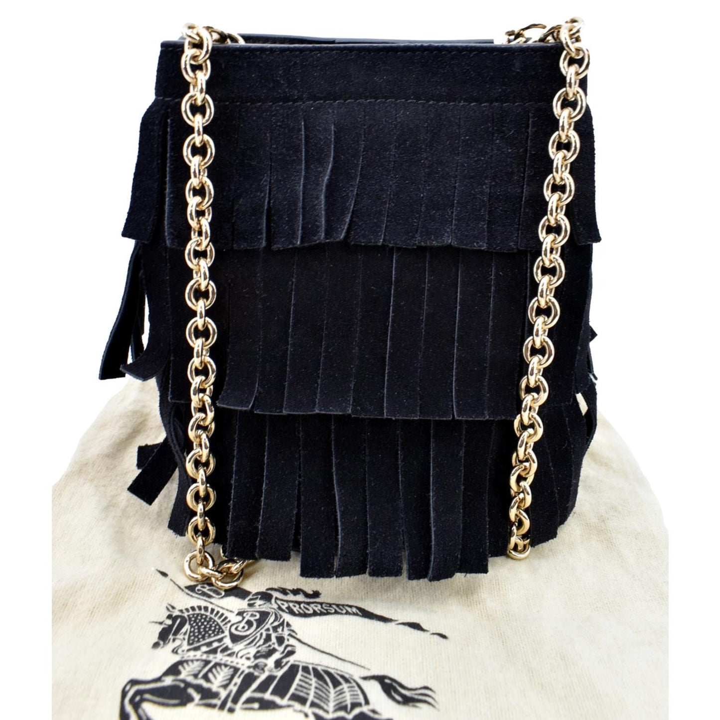 BURBERRY Mini Fringe Suede Crossbody Bucket Bag Black