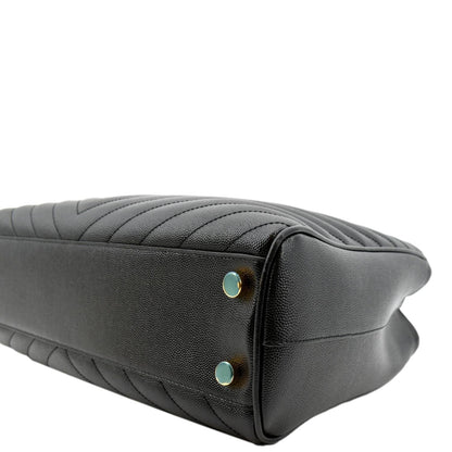 YVES SAINT LAURENT Chevron Leather Shopping Tote Shoulder Bag Black