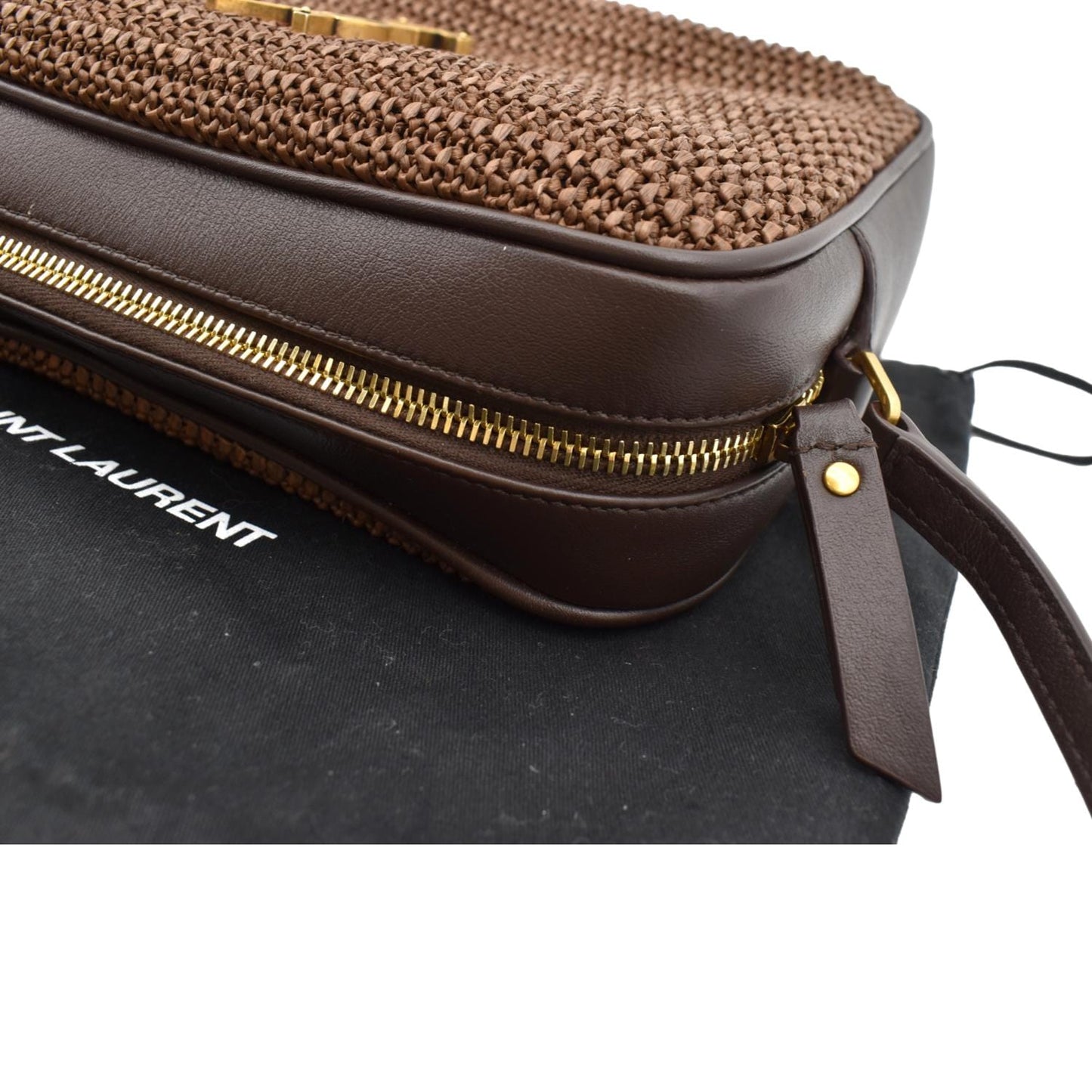 YVES SAINT LAURENT Lou Camera Raffia Canvas Crossbody Bag Brown