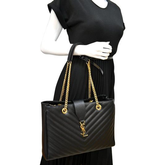 YVES SAINT LAURENT Chevron Leather Shopping Tote Shoulder Bag Black