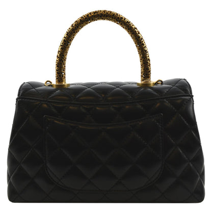 CHANEL Coco Mini Top Metal Handle Lambskin Leather Shoulder Bag Black
