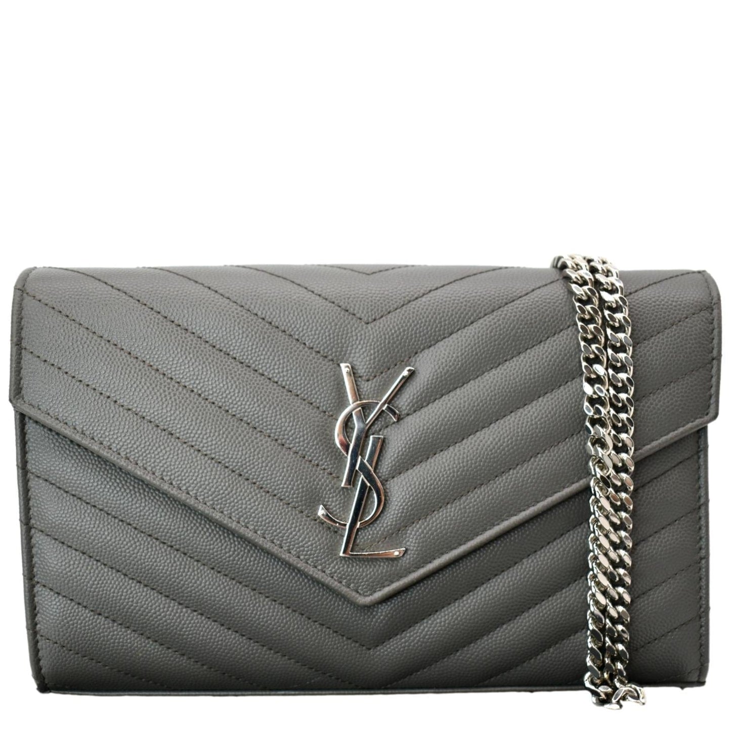 YVES SAINT LAURENT Cassandre Leather Chain Wallet Grey