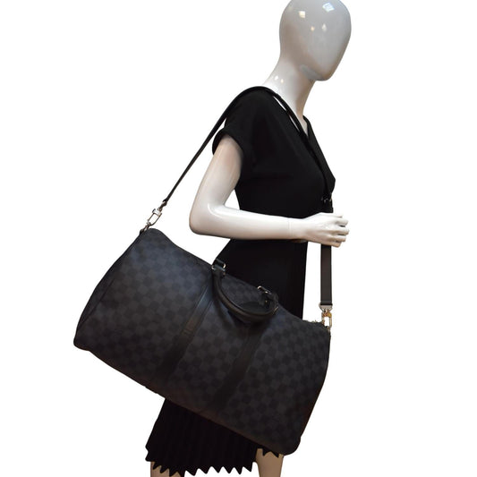 LOUIS VUITTON Keepall 45 Bandouliere Damier Graphite Travel Bag Black