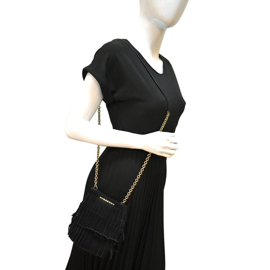 BURBERRY Mini Fringe Suede Crossbody Bucket Bag Black
