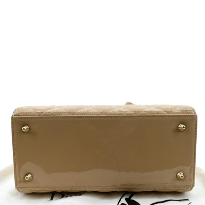 CHRISTIAN DIOR Medium Lady Dior Cannage Patent Leather Shoulder Bag Tan