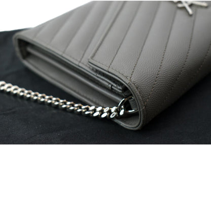 YVES SAINT LAURENT Cassandre Leather Chain Wallet Grey