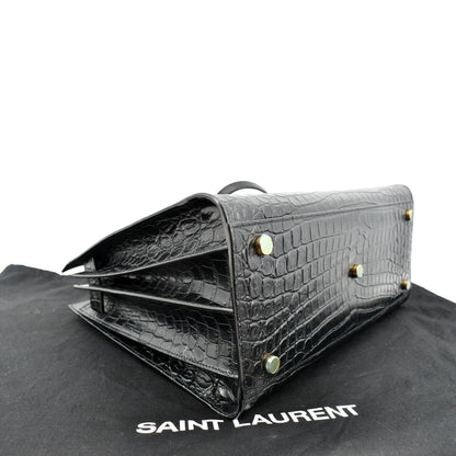 YVES SAINT LAURENT Sac de Jour Crocodile-Embossed Satchel Bag Black