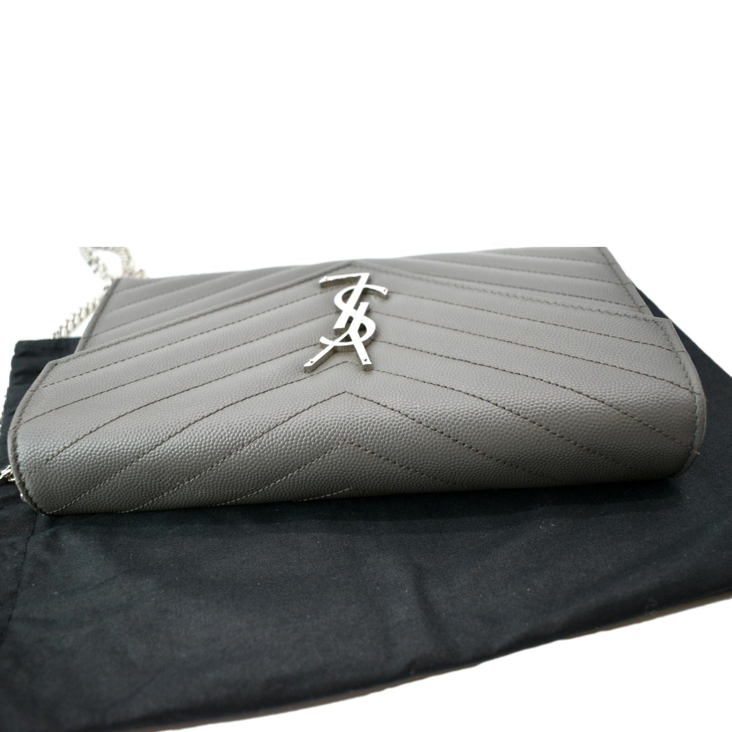 YVES SAINT LAURENT Cassandre Leather Chain Wallet Grey