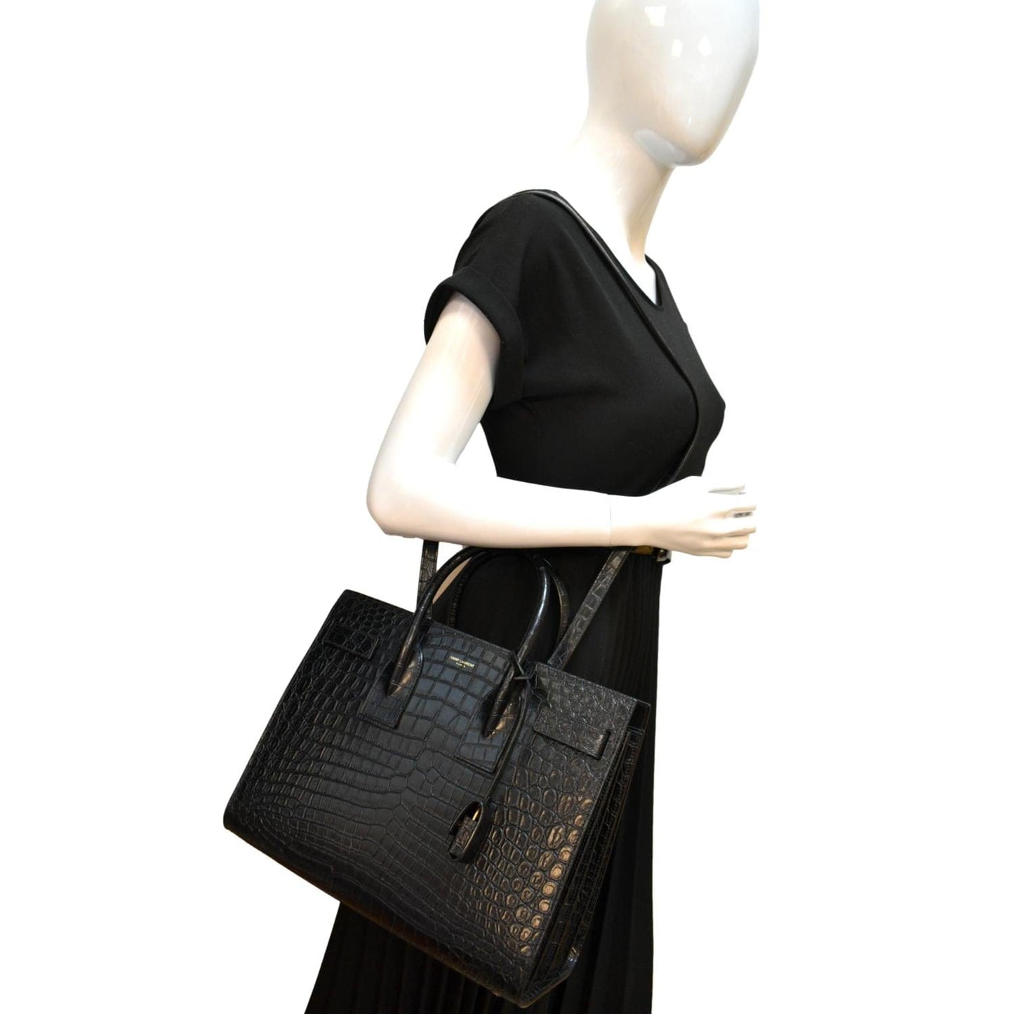 YVES SAINT LAURENT Sac de Jour Crocodile-Embossed Satchel Bag Black