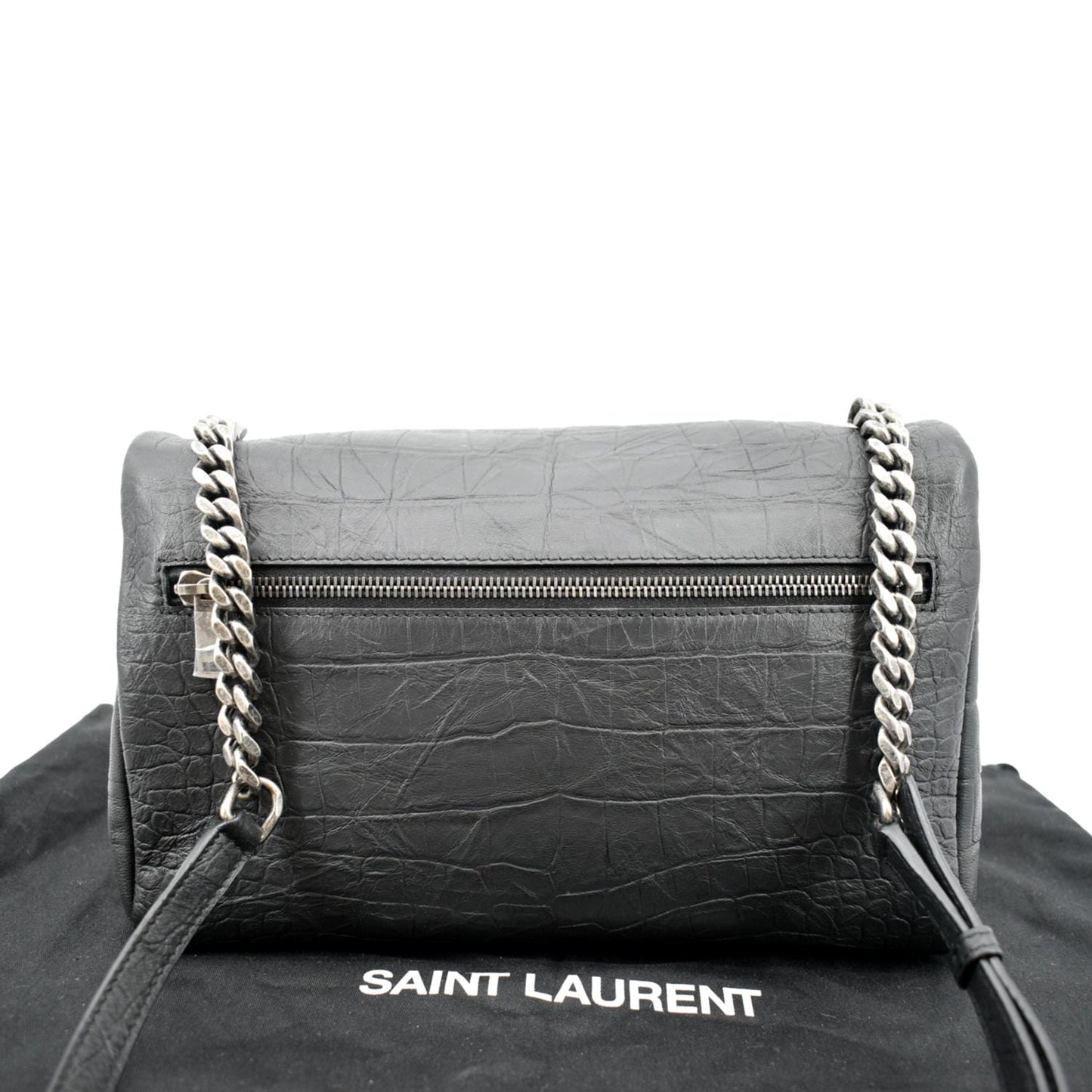 YVES SAINT LAURENT West Hollywood Fold-Over Croc Embossed Crossbody Bag Black