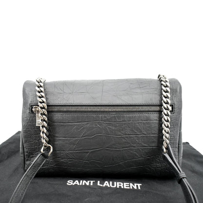 YVES SAINT LAURENT West Hollywood Fold-Over Croc Embossed Crossbody Bag Black