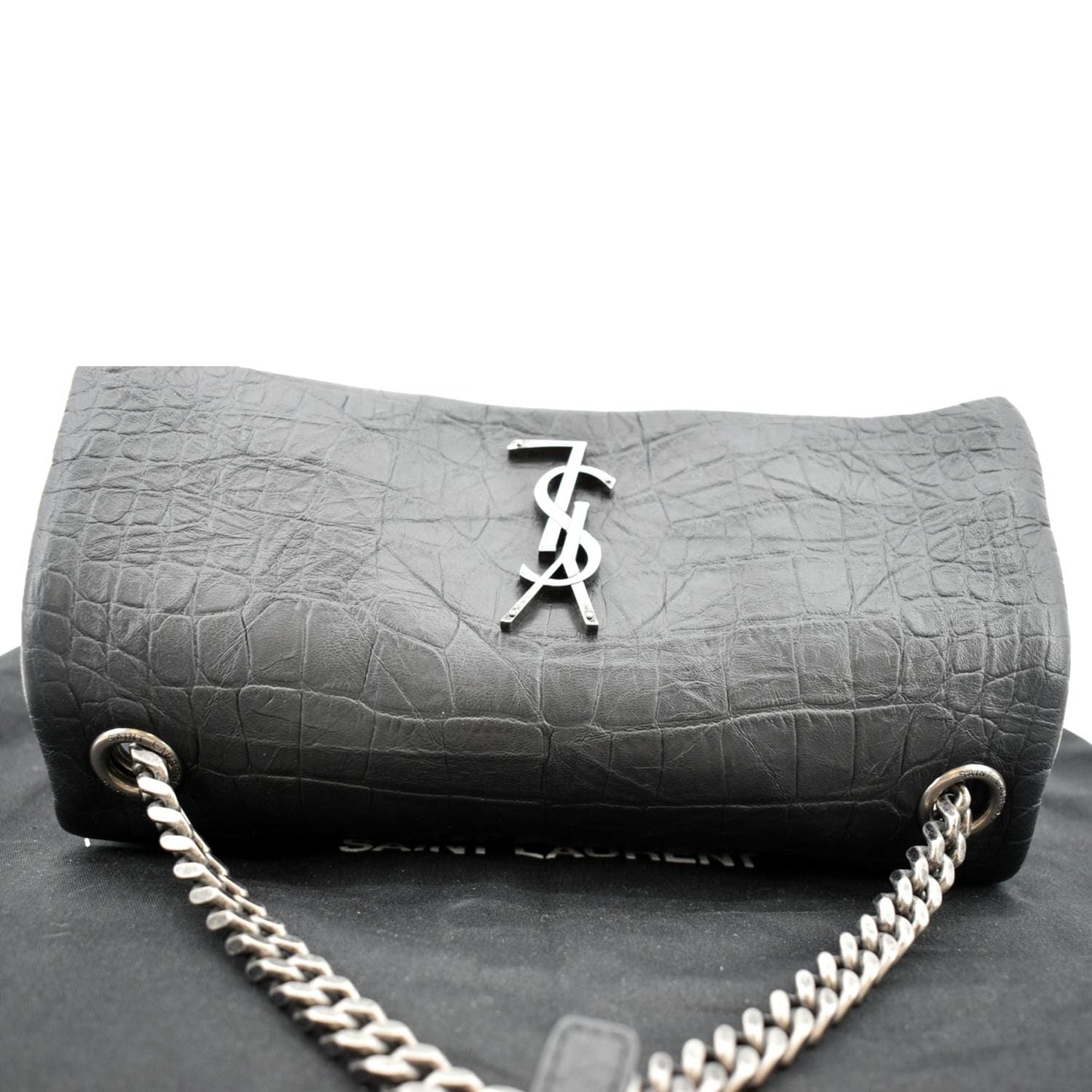 YVES SAINT LAURENT West Hollywood Fold-Over Croc Embossed Crossbody Bag Black