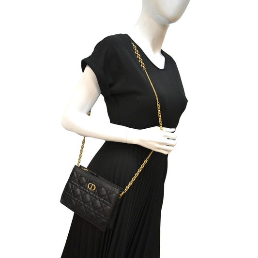 CHRISTIAN DIOR Caro Cannage Calfskin Zipped Pouch Black