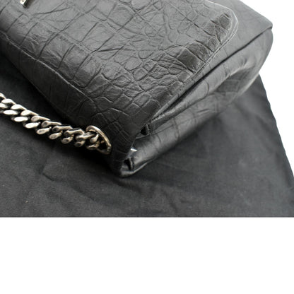 YVES SAINT LAURENT West Hollywood Fold-Over Croc Embossed Crossbody Bag Black