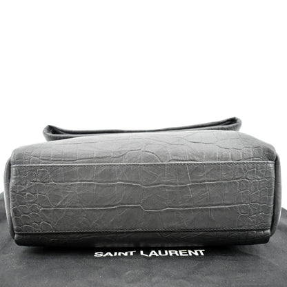 YVES SAINT LAURENT West Hollywood Fold-Over Croc Embossed Crossbody Bag Black