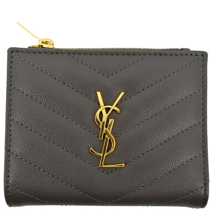 YVES SAINT LAURENT Monogram Compact Leather Zip Wallet Grey