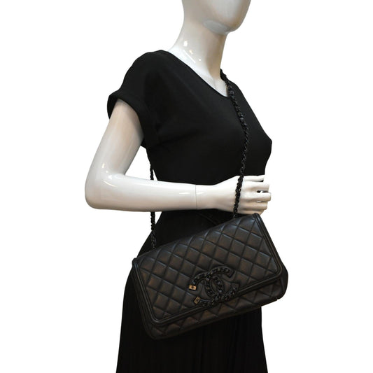 CHANEL Filigree CC Chain Around Leather Crossbody Bag Black