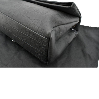 YVES SAINT LAURENT West Hollywood Fold-Over Croc Embossed Crossbody Bag Black