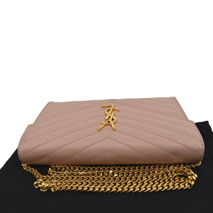YVES SAINT LAURENT Matelasse Chevron Leather Envelope Chain Wallet Pink