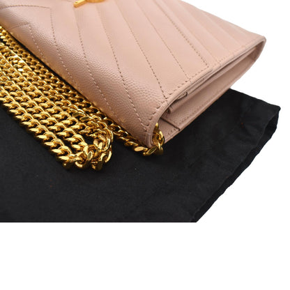 YVES SAINT LAURENT Matelasse Chevron Leather Envelope Chain Wallet Pink