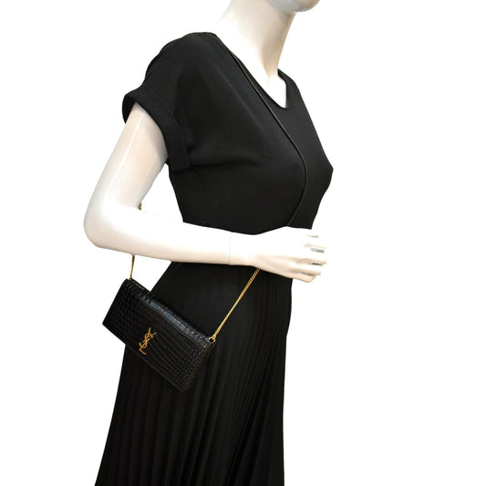 YVES SAINT LAURENT Kate Crocodile Leather Shoulder Bag Black