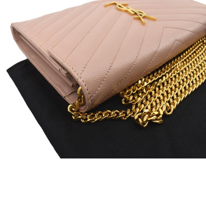 YVES SAINT LAURENT Matelasse Chevron Leather Envelope Chain Wallet Pink