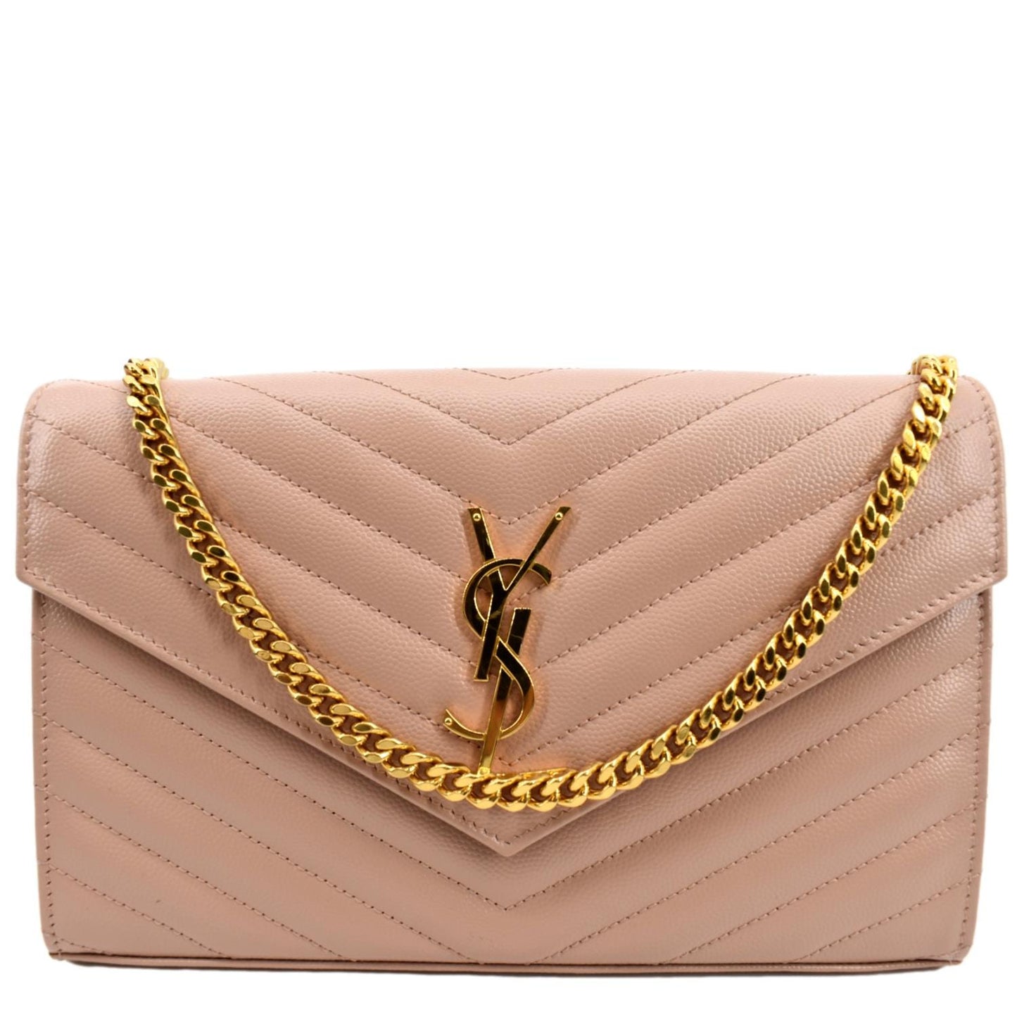 YVES SAINT LAURENT Matelasse Chevron Leather Envelope Chain Wallet Pink