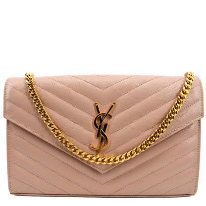 YVES SAINT LAURENT Matelasse Chevron Leather Envelope Chain Wallet Pink