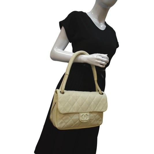 CHANEL Rope Handle Flap Chevre Leather Shoulder Bag White