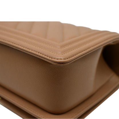 CHANEL Medium Boy Flap Chevron Caviar Leather Crossbody Bag Beige