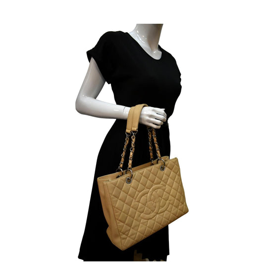 CHANEL Grand Shopping Caviar Leather GST Tote Bag Beige