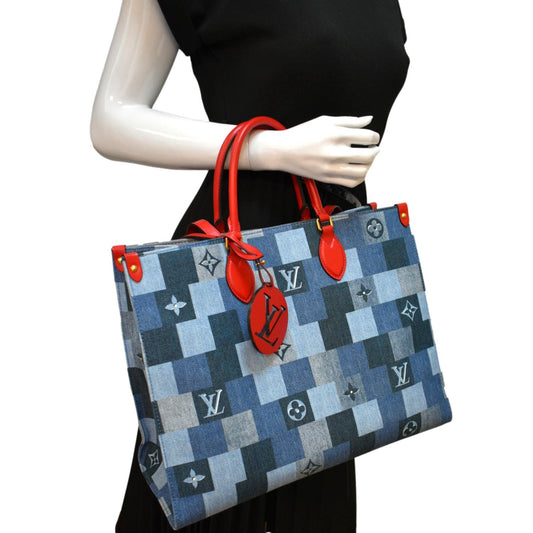 LOUIS VUITTON Onthego GM Autres Toiles Monogram Denim Shoulder Bag Blue/Red