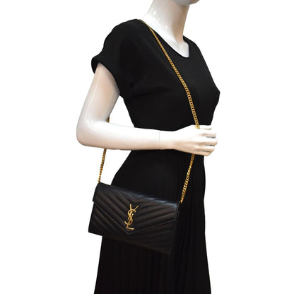YVES SAINT LAURENT Chevron Grain De Poudre Envelope Chain Bag Black