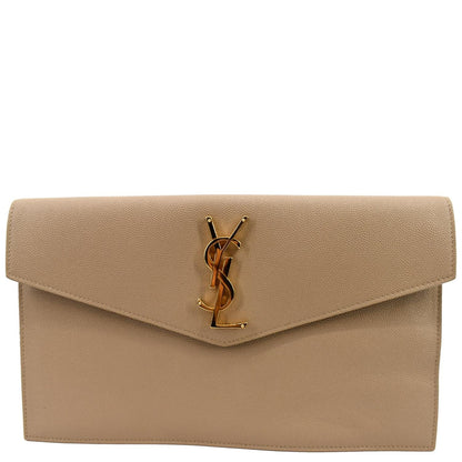 YVES SAINT LAURENT Uptown Envelope Grain De Poudre Leather Clutch Beige