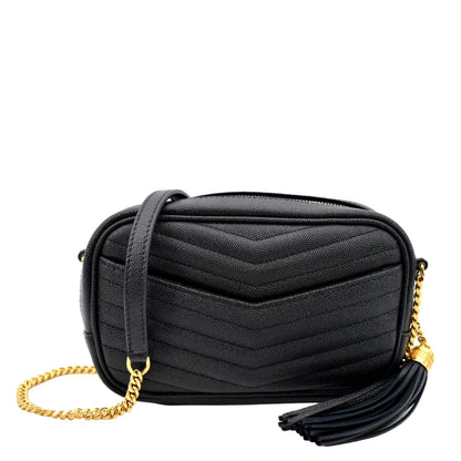YVES SAINT LAURENT Lou Chevron Leather Camera Crossbody Bag Black