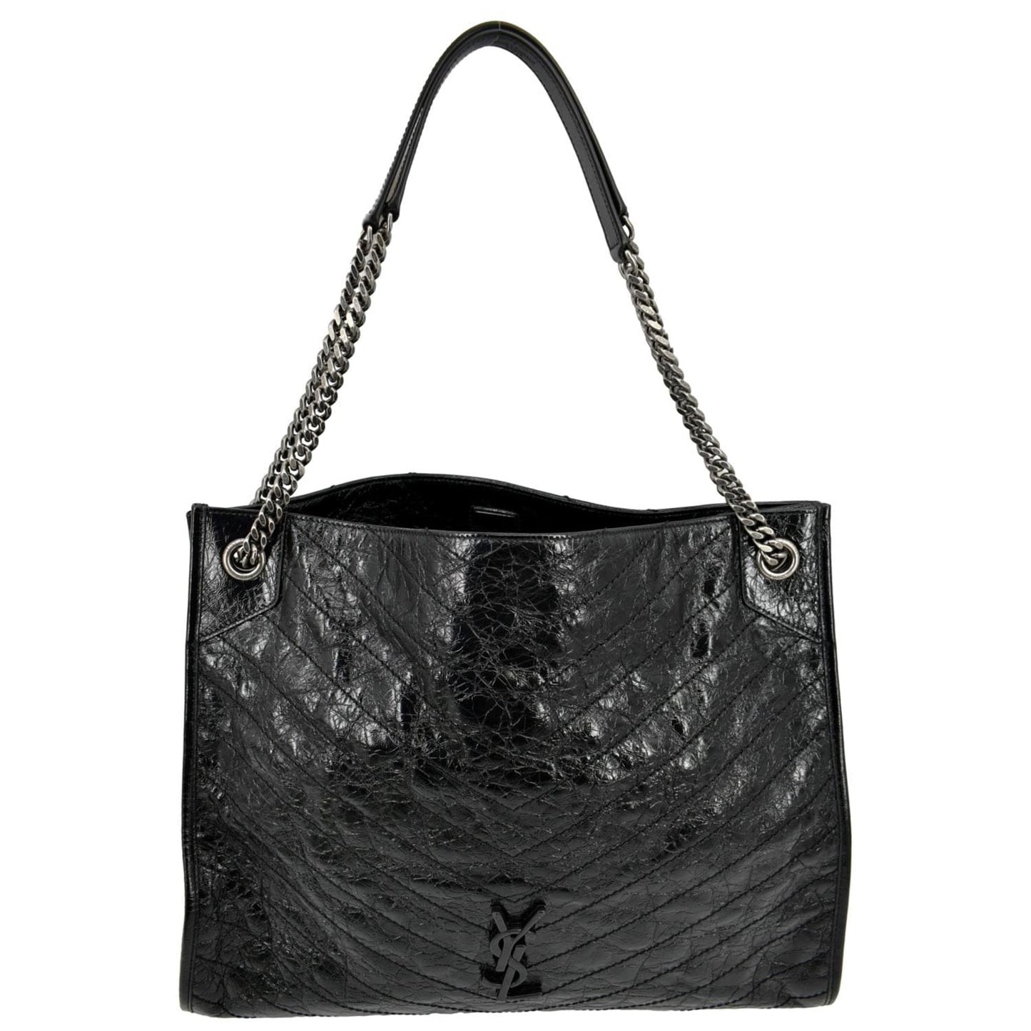 YVES SAINT LAURENT Niki Large Crinkle Leather Shopper Tote Bag Black