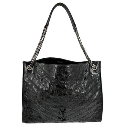 YVES SAINT LAURENT Niki Large Crinkle Leather Shopper Tote Bag Black