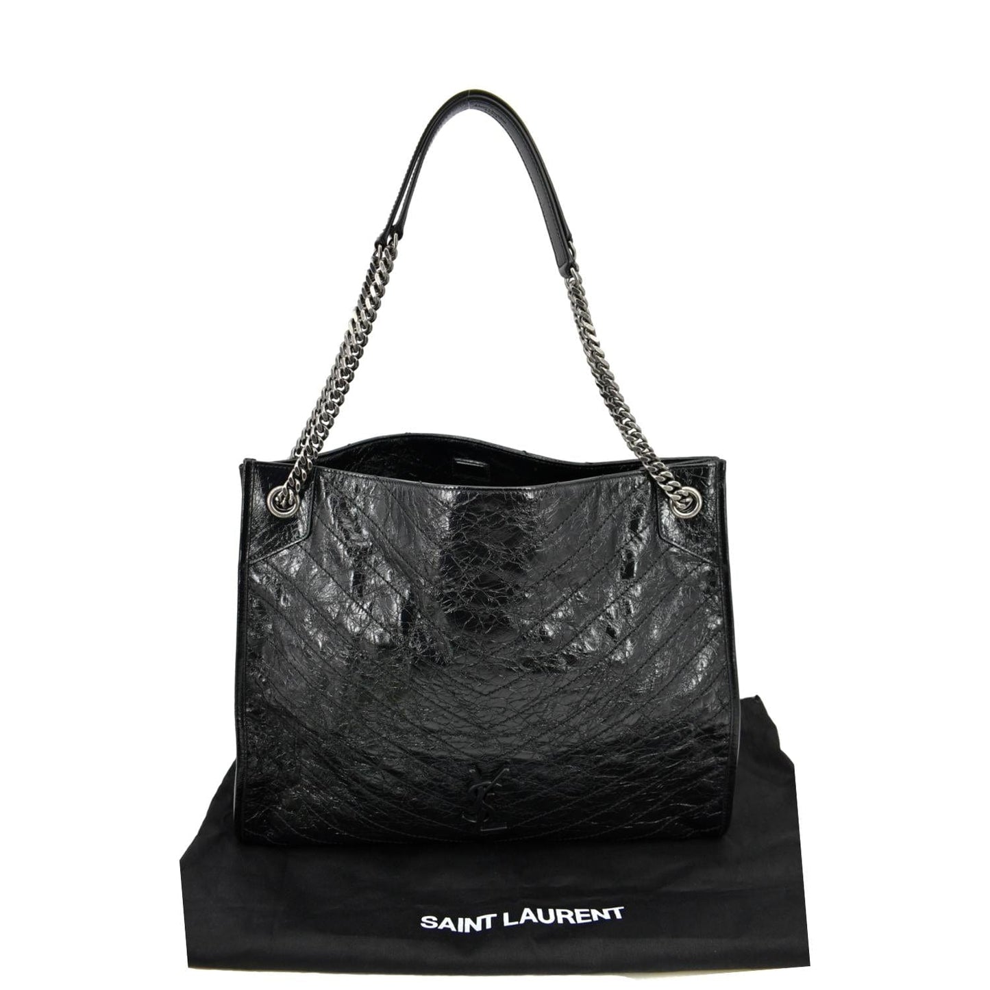 YVES SAINT LAURENT Niki Large Crinkle Leather Shopper Tote Bag Black