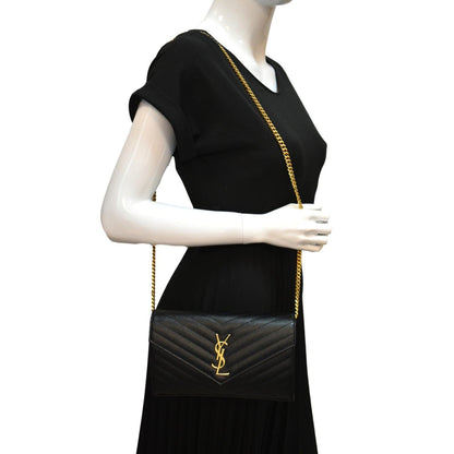 YVES SAINT LAURENT Chevron Grain De Poudre Envelope Chain Bag Black - Sold