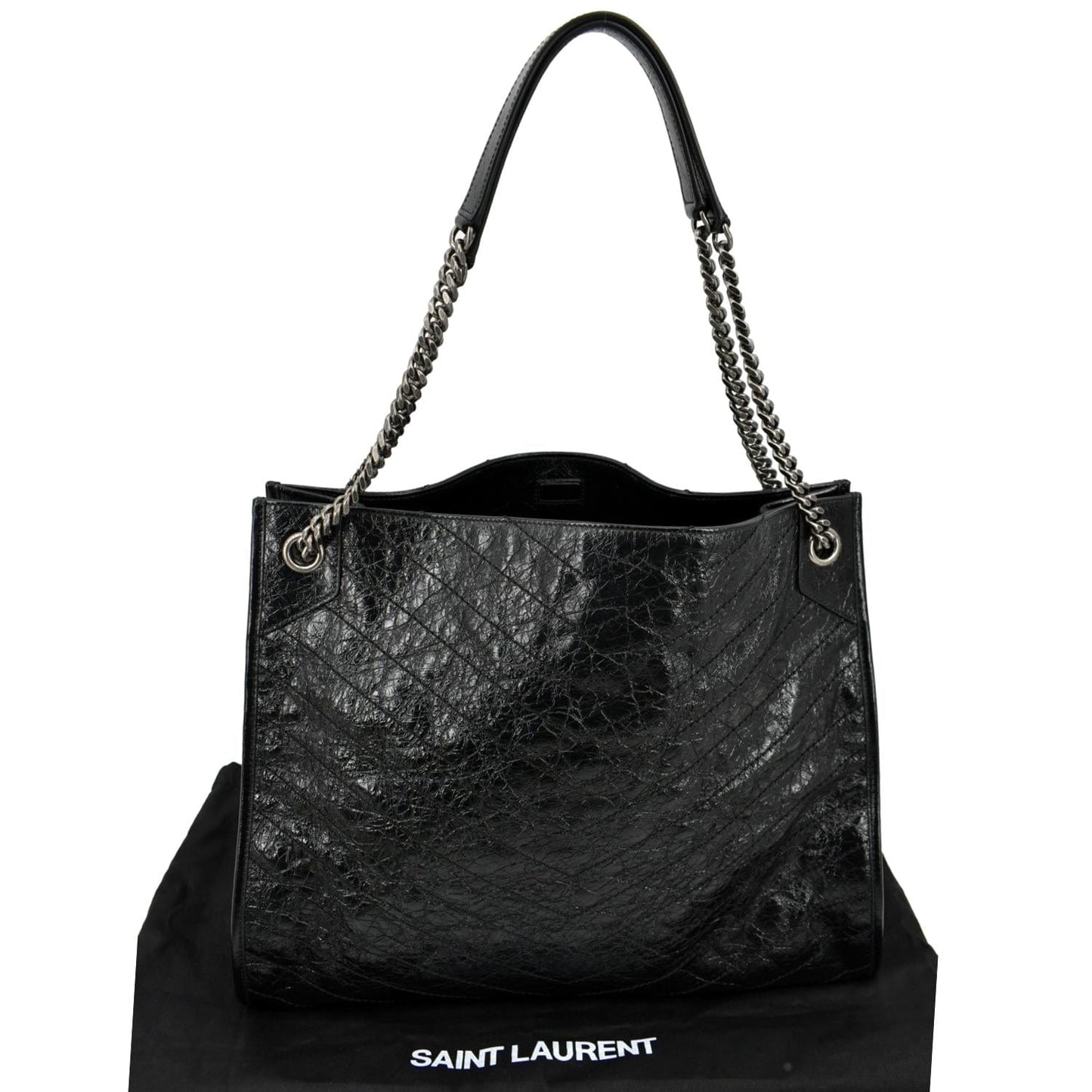 YVES SAINT LAURENT Niki Large Crinkle Leather Shopper Tote Bag Black