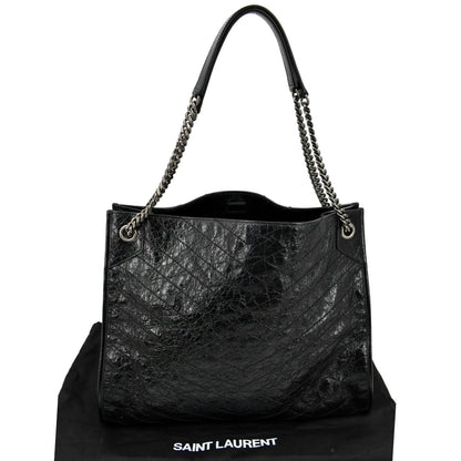 YVES SAINT LAURENT Niki Large Crinkle Leather Shopper Tote Bag Black